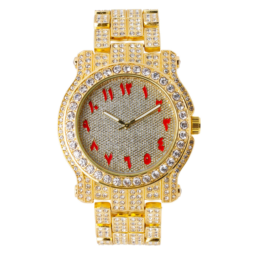 Hip Hop Iced Bling Red ARABIC NUMERAL INDEX Gold Plated Bling Lab Diamond Metal Wrist Watch