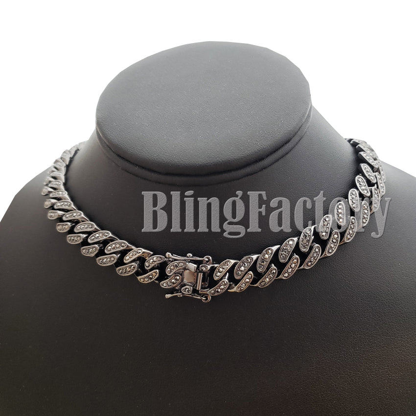 Hip Hop Iced Out Black ROCAFELLA Pendant & 18" 20" Iced Box Lock Cuban Chain Necklace