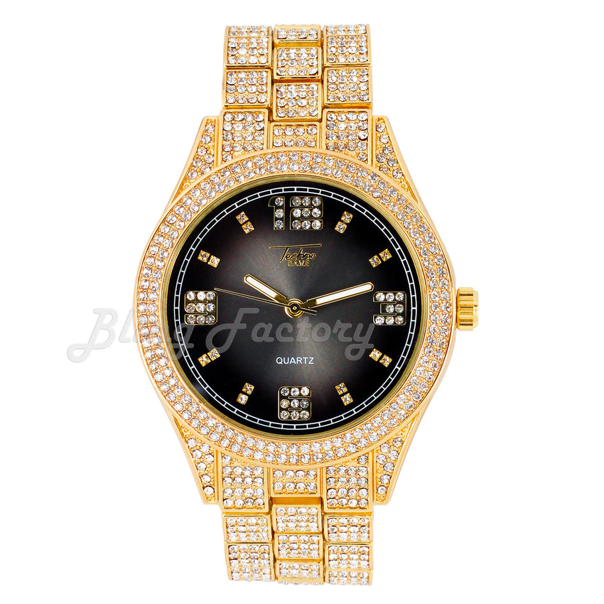 Hip Hop Iced Bling Gold Plated NUMERAL INDEX Bling Lab Diamond Black Dial Watch