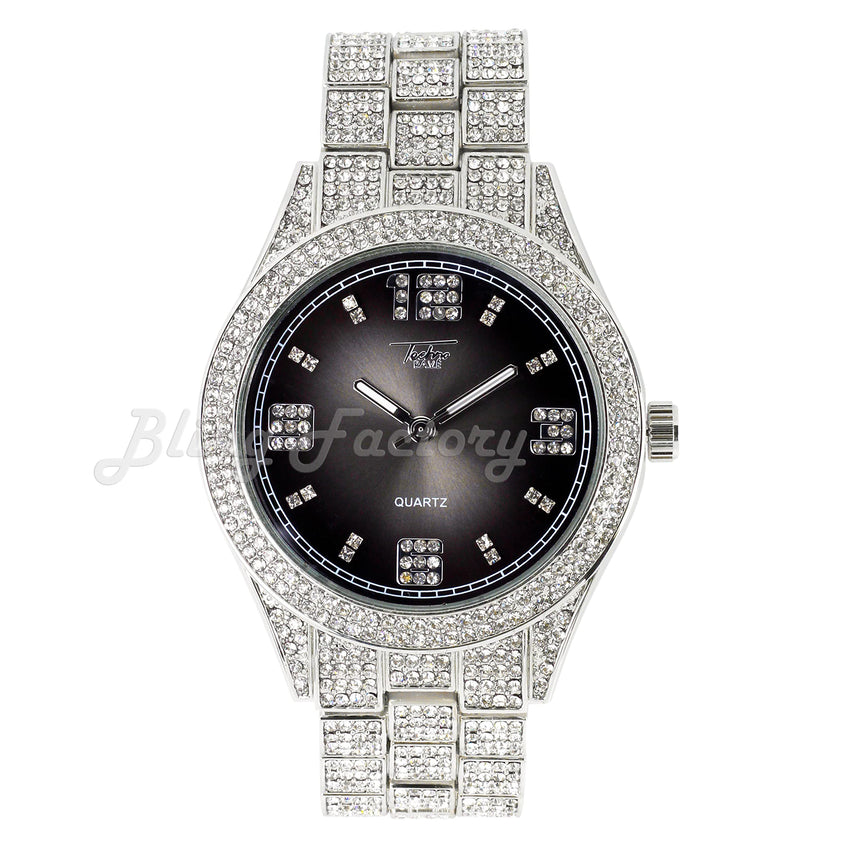 Hip Hop Iced Bling White Gold Plated NUMERAL INDEX Bling Lab Diamond Metal Watch