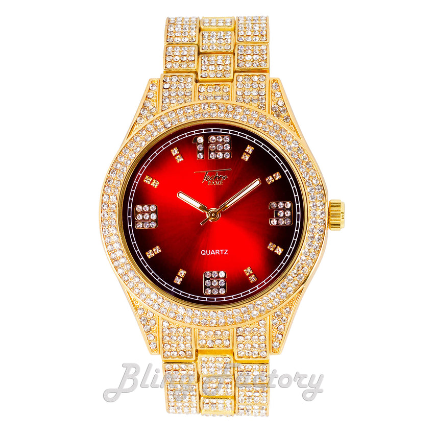 Hip Hop Iced Bling Gold Plated NUMERAL INDEX Bling Lab Diamond Red Dial Watch