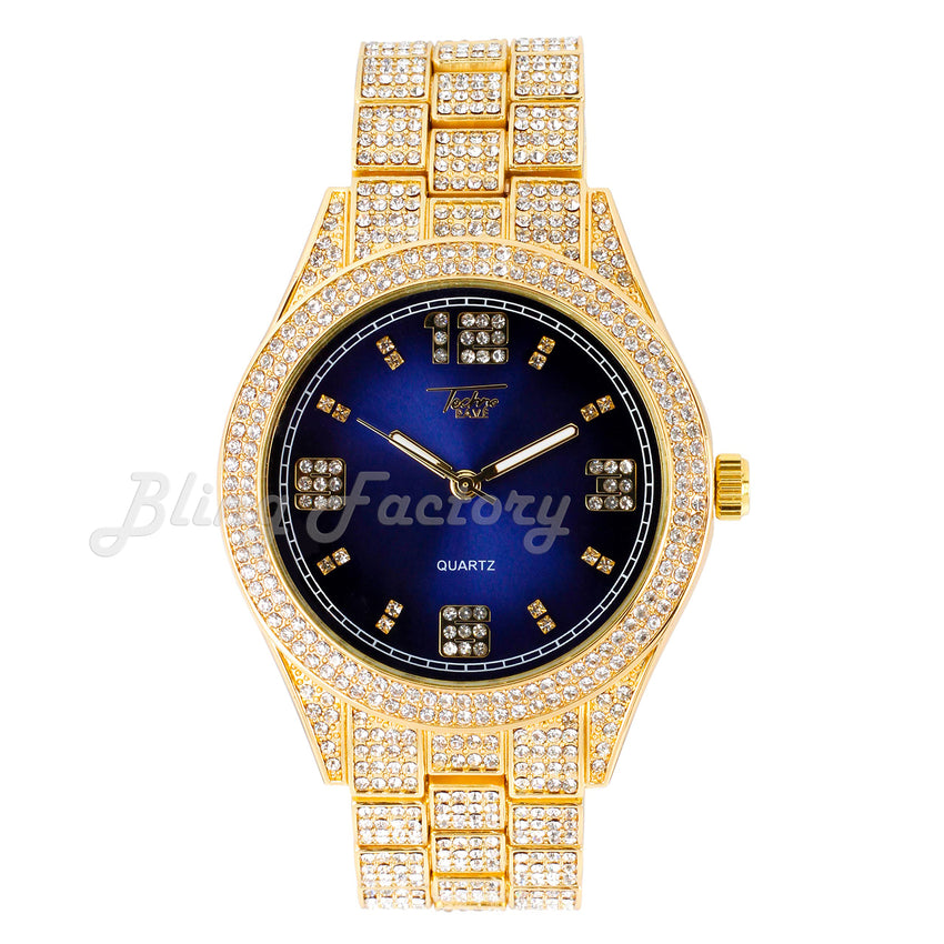 Hip Hop Iced Bling Gold Plated NUMERAL INDEX Bling Lab Diamond Blue Dial Watch