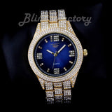 Hip Hop Iced Bling Gold Plated NUMERAL INDEX Bling Lab Diamond Blue Dial Watch