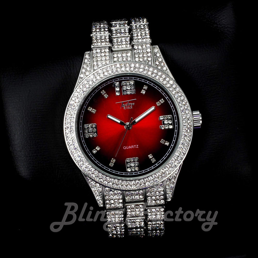 Hip Hop Iced Bling White Gold Plated NUMERAL INDEX Bling Lab Diamond Red Dial Metal Watch