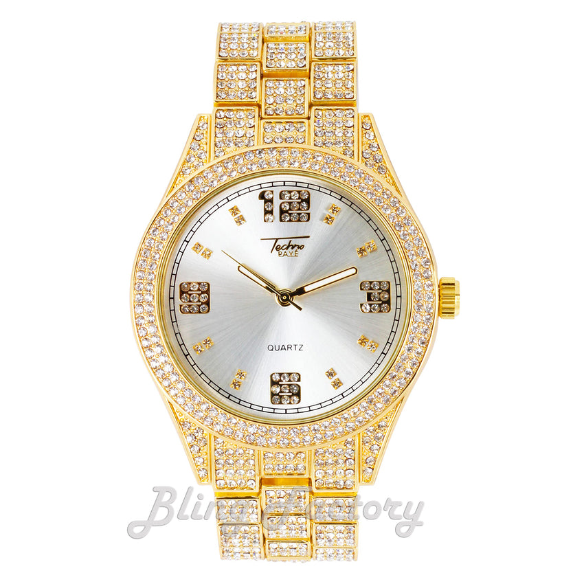 Hip Hop Iced Bling Gold Plated NUMERAL INDEX Bling Lab Diamond Metal Watch