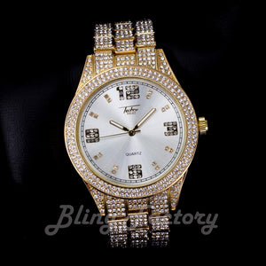 Hip Hop Iced Bling Gold Plated NUMERAL INDEX Bling Lab Diamond Metal Watch