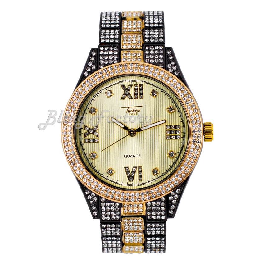 Hip Hop Iced Bling Two Tone NUMERAL INDEX Bling Lab Diamond Metal Watch