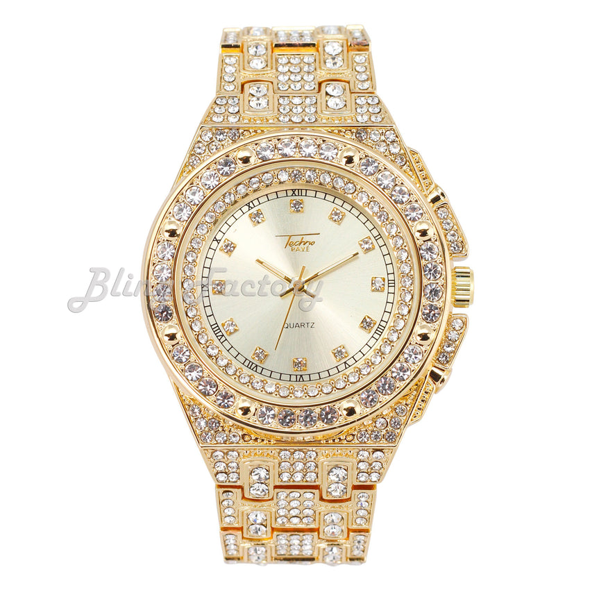 Hip Hop Full Iced Bling Gold Plated Rapper's Bling Lab Diamond Meta Band Watch