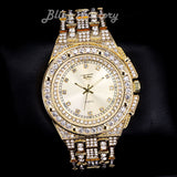 Hip Hop Full Iced Bling Gold Plated Rapper's Bling Lab Diamond Meta Band Watch