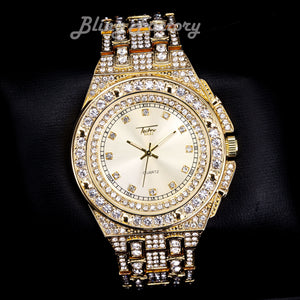 Hip Hop Full Iced Bling Gold Plated Rapper's Bling Lab Diamond Meta Band Watch