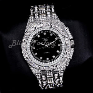 Hip Hop Full Iced Bling White Gold Plated Rapper's Bling Lab Diamond Black Dial Metal Band Watch