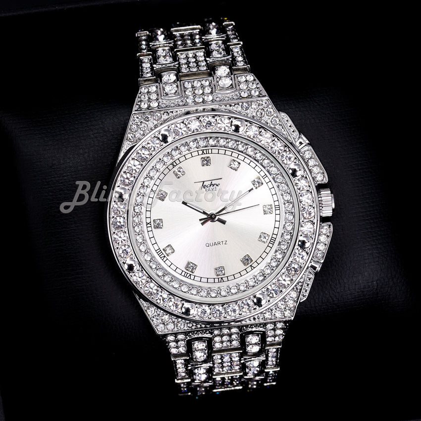 Hip Hop Full Iced Bling White Gold Plated Rapper's Bling Lab Diamond Meta Band Watch