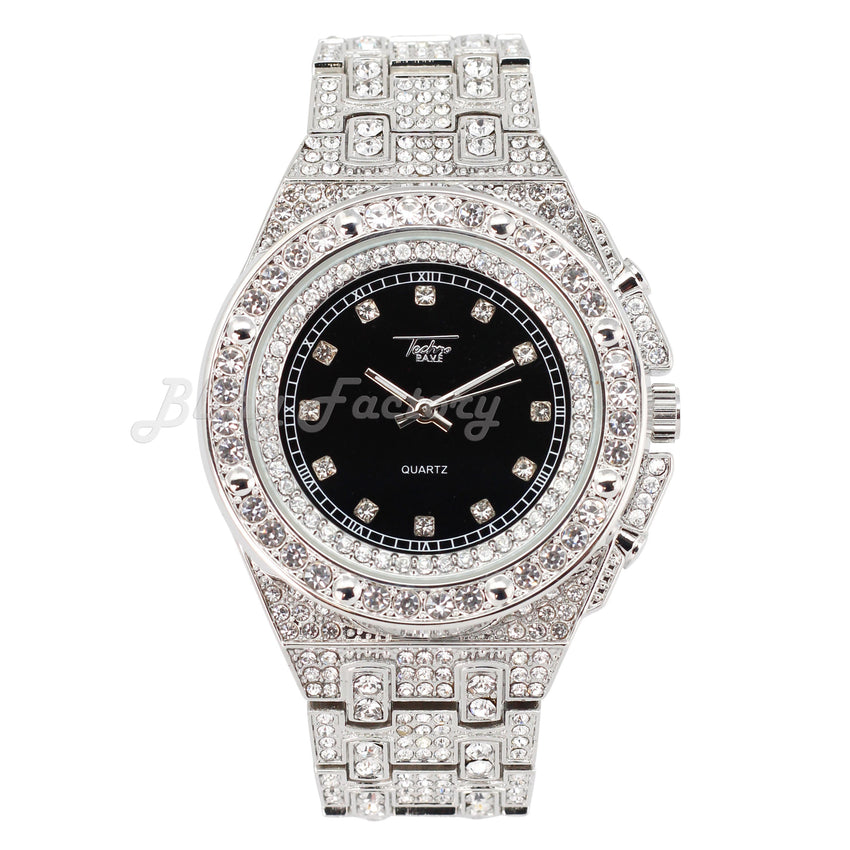Hip Hop Full Iced Bling White Gold Plated Rapper's Bling Lab Diamond Black Dial Metal Band Watch