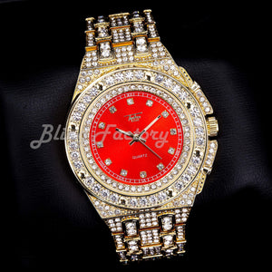 Hip Hop Full Iced Bling Gold Plated Rapper's Bling Lab Diamond Red Dial Metal Band Watch