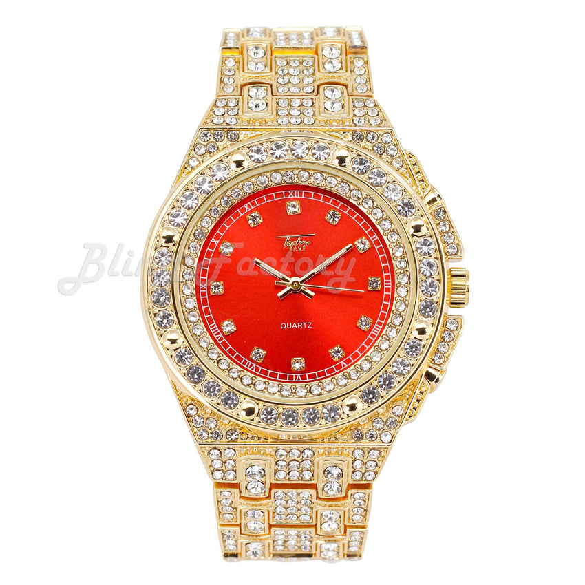 Hip Hop Full Iced Bling Gold Plated Rapper's Bling Lab Diamond Red Dial Metal Band Watch