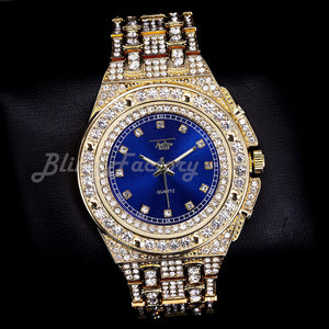 Hip Hop Full Iced Bling Gold Plated Rapper's Bling Lab Diamond Blue Dial Metal Band Watch