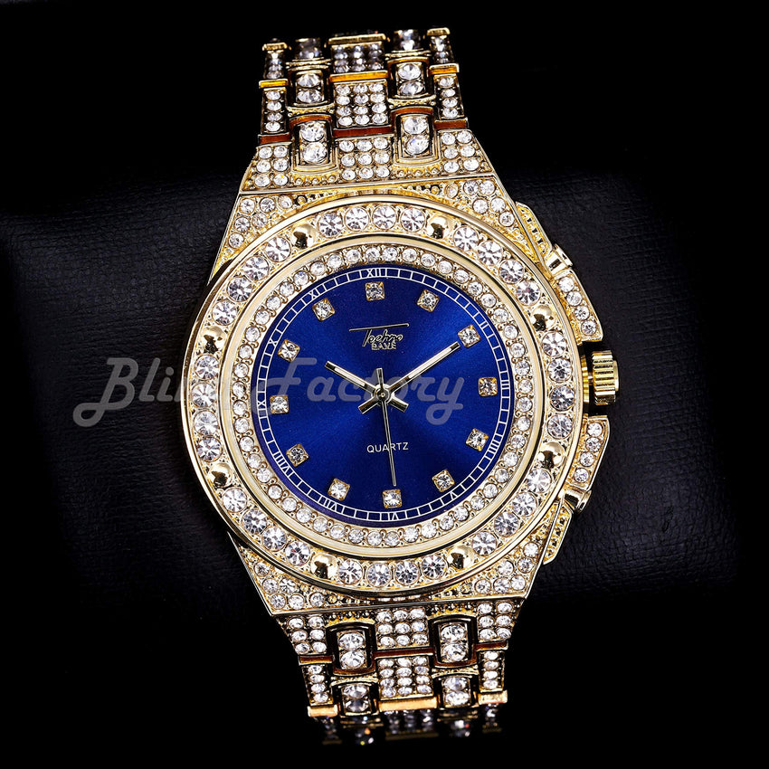 Hip Hop Full Iced Bling Gold Plated Rapper's Bling Lab Diamond Blue Dial Metal Band Watch