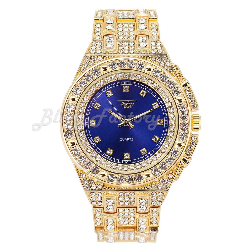 Hip Hop Full Iced Bling Gold Plated Rapper's Bling Lab Diamond Blue Dial Metal Band Watch