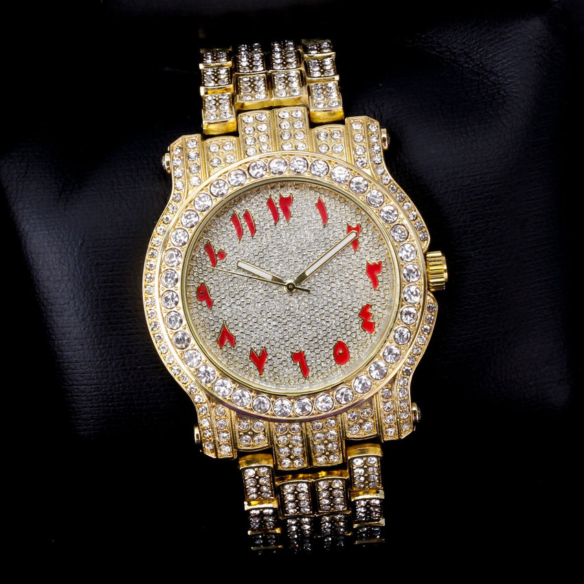 Hip Hop Iced Bling Red ARABIC NUMERAL INDEX Gold Plated Bling Lab Diamond Metal Wrist Watch
