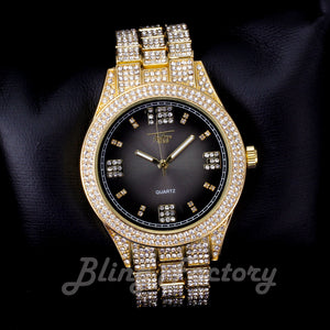 Hip Hop Iced Bling Gold Plated NUMERAL INDEX Bling Lab Diamond Black Dial Watch