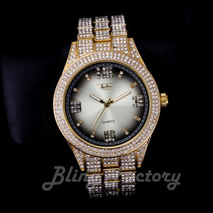 Hip Hop Iced Bling Gold Plated NUMERAL INDEX Bling Lab Diamond Metal Band Watch