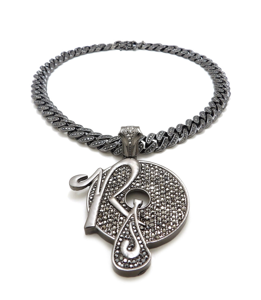 Hip Hop Iced Out Black ROCAFELLA Pendant & 18" 20" Iced Box Lock Cuban Chain Necklace