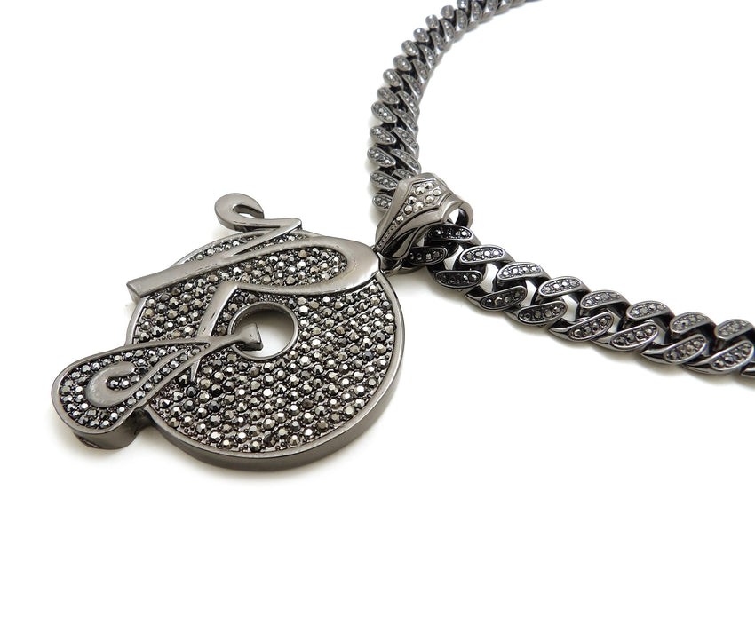 Hip Hop Iced Out Black ROCAFELLA Pendant & 18" 20" Iced Box Lock Cuban Chain Necklace