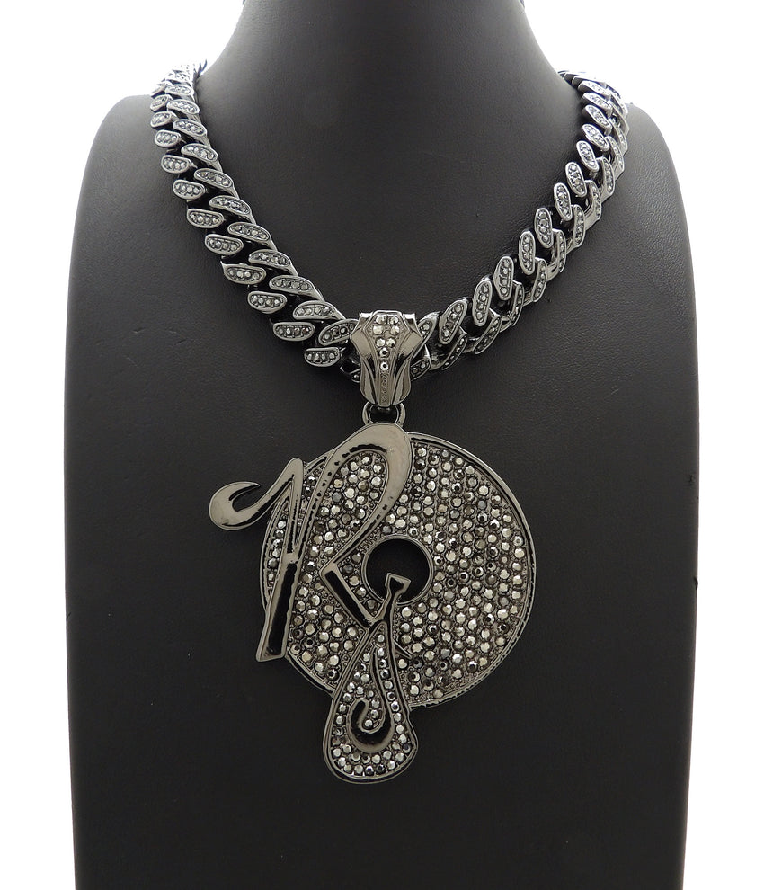 Hip Hop Iced Out Black ROCAFELLA Pendant & 18" 20" Iced Box Lock Cuban Chain Necklace