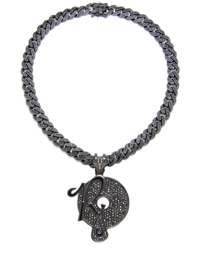 Hip Hop Iced Out Black ROCAFELLA Pendant & 18" 20" Iced Box Lock Cuban Chain Necklace