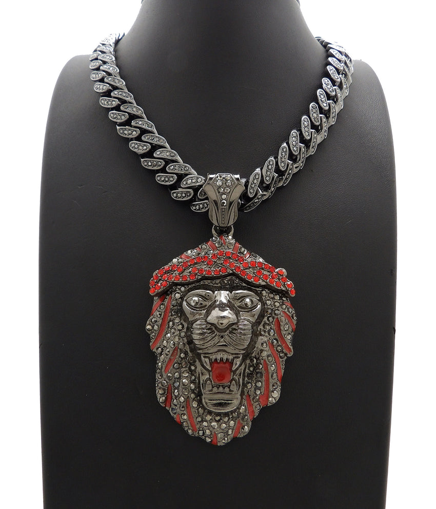 Hip Hop Iced Out Black Lion Head Pendant & 18" 20" Iced Box Lock Cuban Chain Necklace