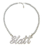 Women's Iced Silver Plated Slatt Pendant & 5mm 16" CZ Choker Chain Hip Hop Necklace