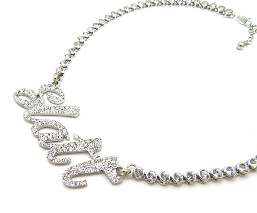 Women's Iced Silver Plated Slatt Pendant & 5mm 16" CZ Choker Chain Hip Hop Necklace