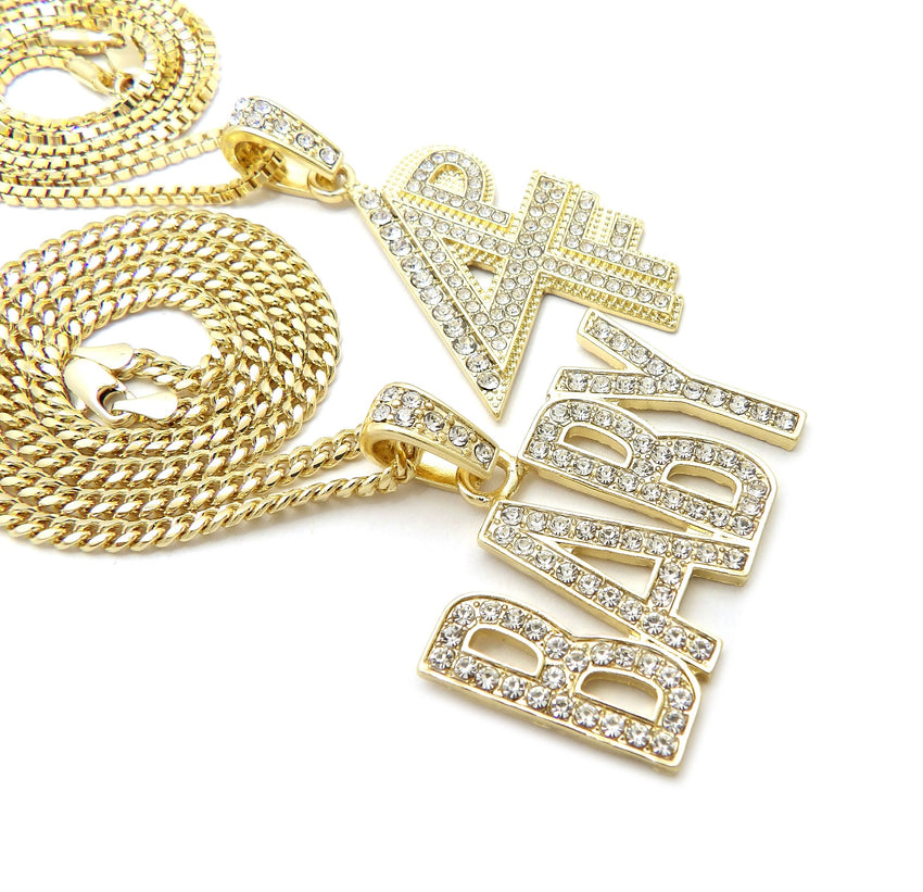 14K Gold Plated Hip Hop Lil BABY & 4PF Pendant w/ 20" 24" Box Cuban Chain Necklace Set