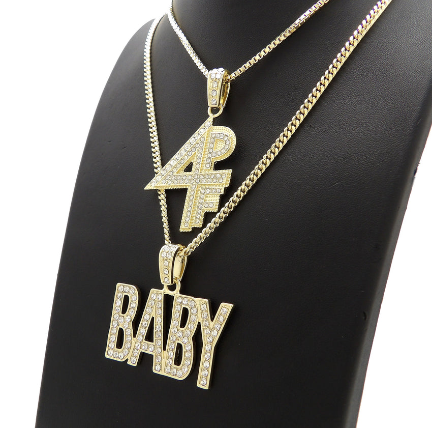 14K Gold Plated Hip Hop Lil BABY & 4PF Pendant w/ 20" 24" Box Cuban Chain Necklace Set