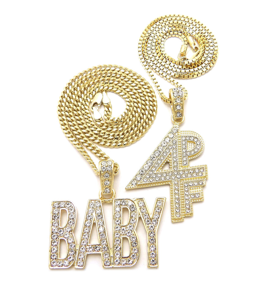 14K Gold Plated Hip Hop Lil BABY & 4PF Pendant w/ 20" 24" Box Cuban Chain Necklace Set