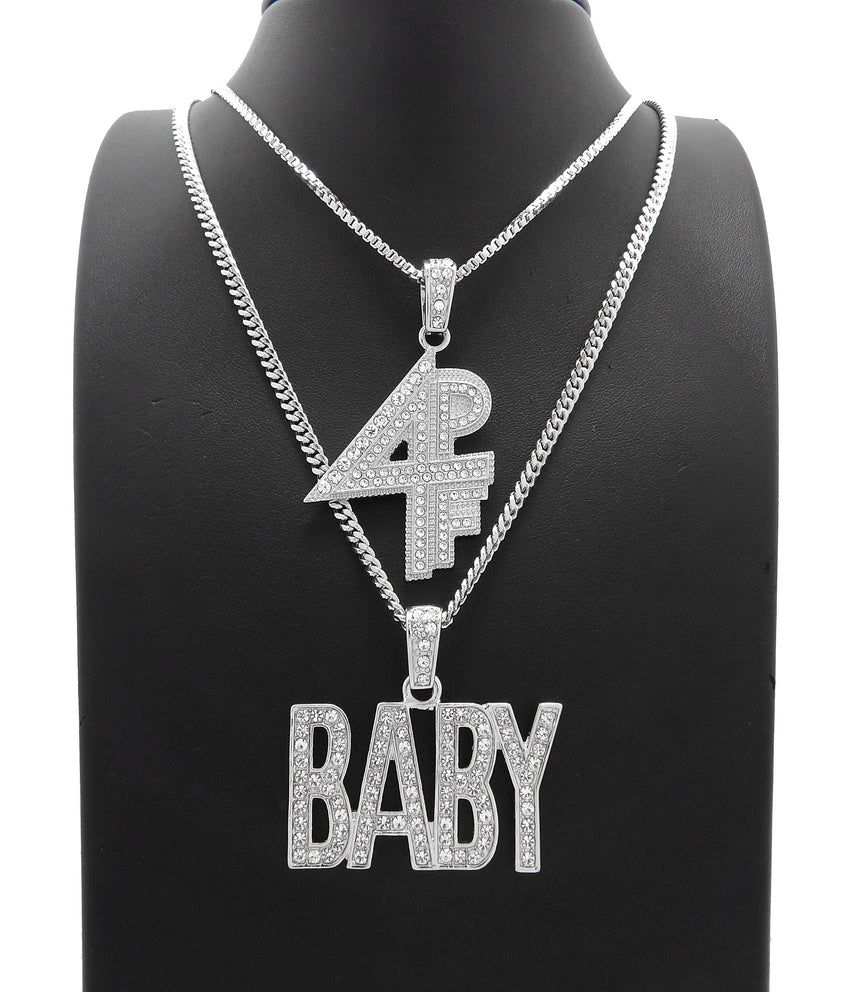 White Gold Plated Hip Hop Lil BABY & 4PF Pendant w/ 20" 24" Box Cuban Chain Necklace Set