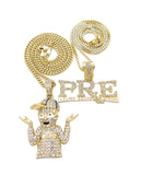 14K Gold PT Hip Hop Young Dolph & PRE Pendant w/ 20" 24" Box Cuban Chain Necklace Set