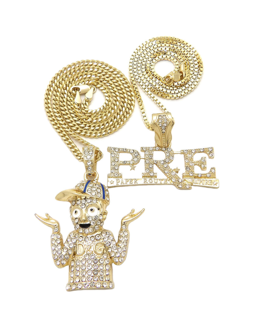 14K Gold PT Hip Hop Young Dolph & PRE Pendant w/ 20" 24" Box Cuban Chain Necklace Set