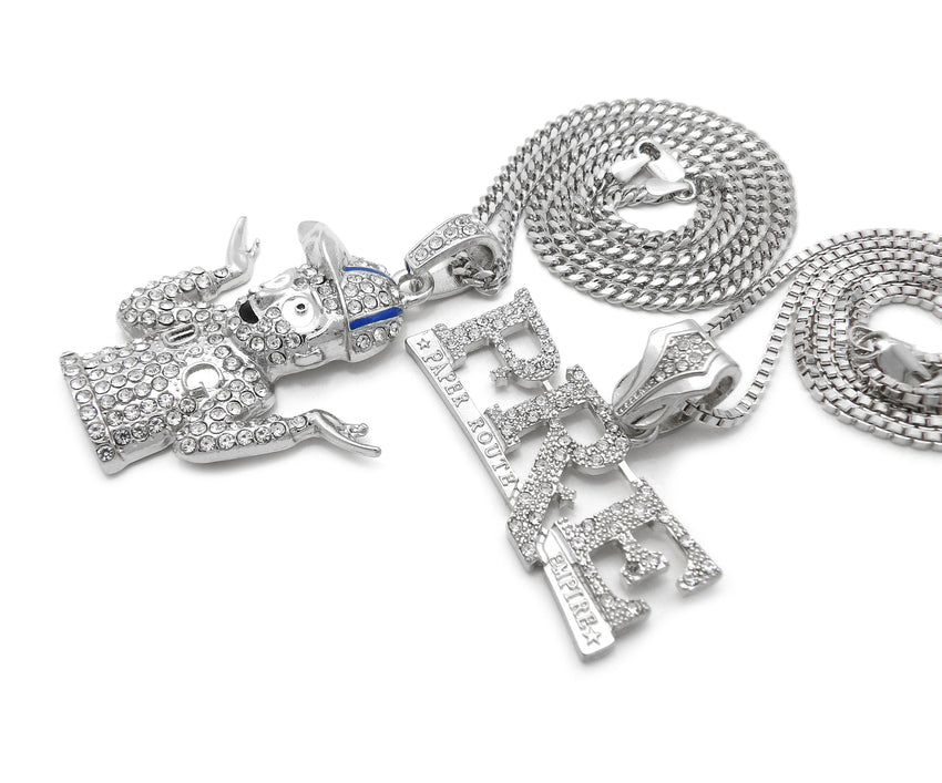 White Gold PT Hip Hop Young Dolph & PRE Pendant w/ 20" 24" Box Cuban Chain Necklace Set