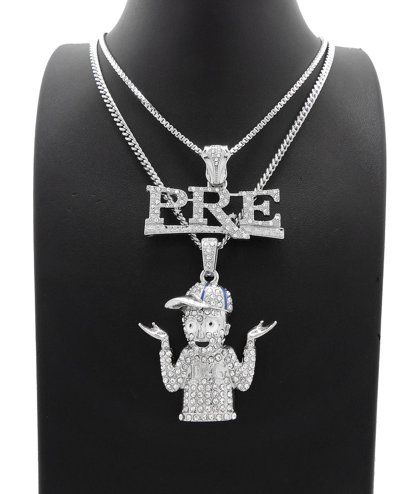 White Gold PT Hip Hop Young Dolph & PRE Pendant w/ 20" 24" Box Cuban Chain Necklace Set