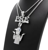 White Gold PT Hip Hop Young Dolph & PRE Pendant w/ 20" 24" Box Cuban Chain Necklace Set