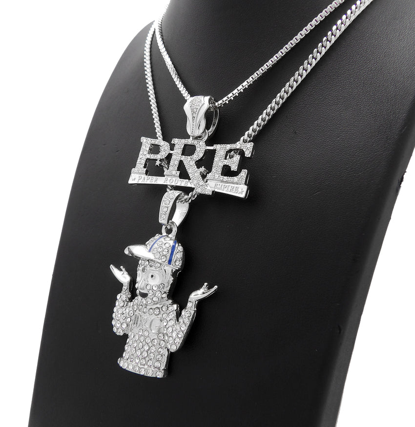 White Gold PT Hip Hop Young Dolph & PRE Pendant w/ 20" 24" Box Cuban Chain Necklace Set