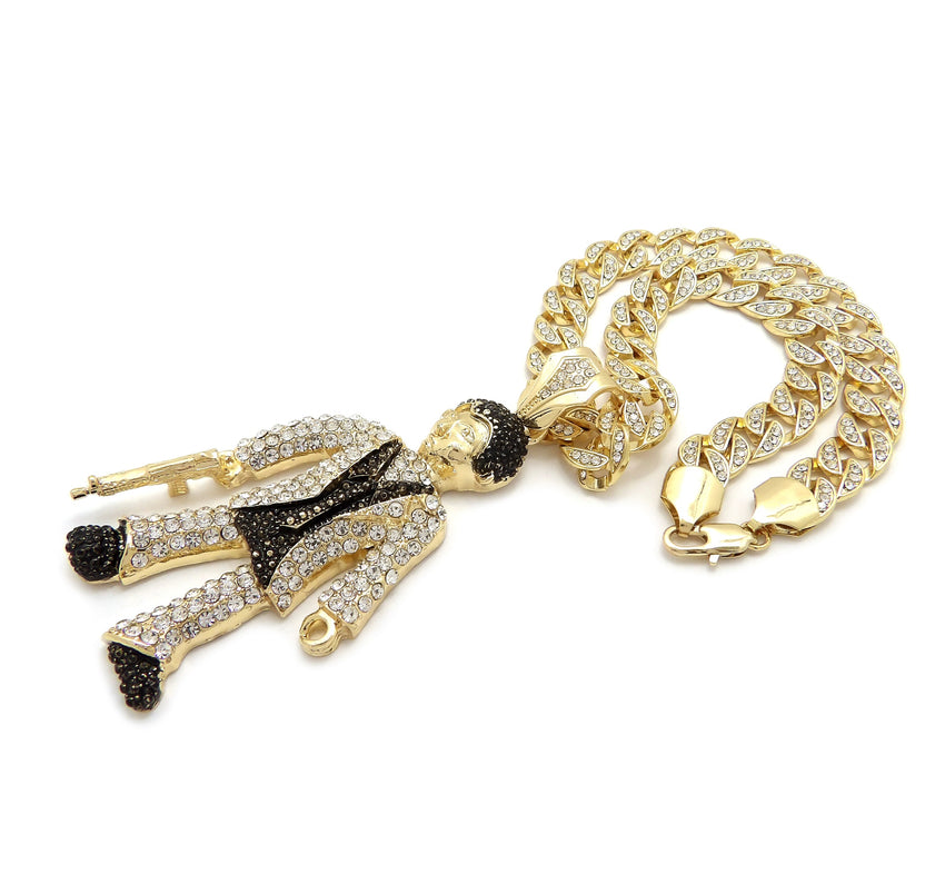 Hip Hop Gold Plated Scarface Pendant & 10mm 18" 20" 24" Iced Cuban Chain Bling Necklace