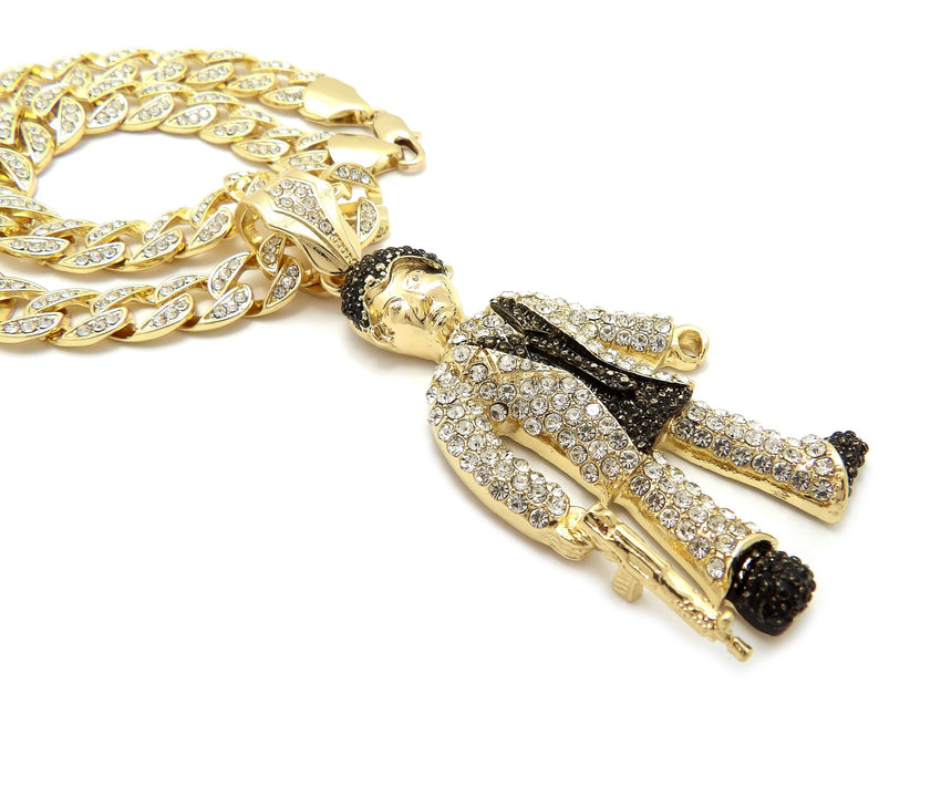 Hip Hop Gold Plated Scarface Pendant & 10mm 18" 20" 24" Iced Cuban Chain Bling Necklace