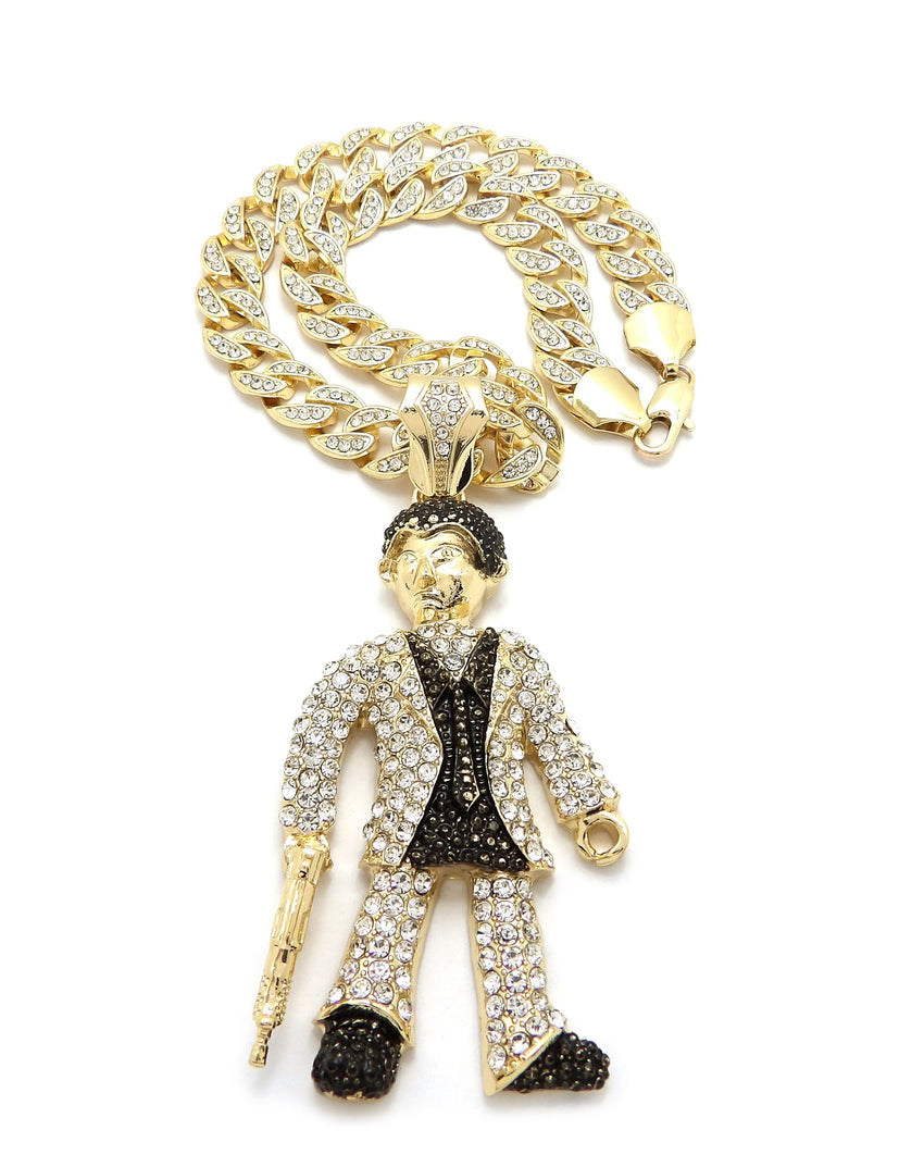 Hip Hop Gold Plated Scarface Pendant & 10mm 18" 20" 24" Iced Cuban Chain Bling Necklace