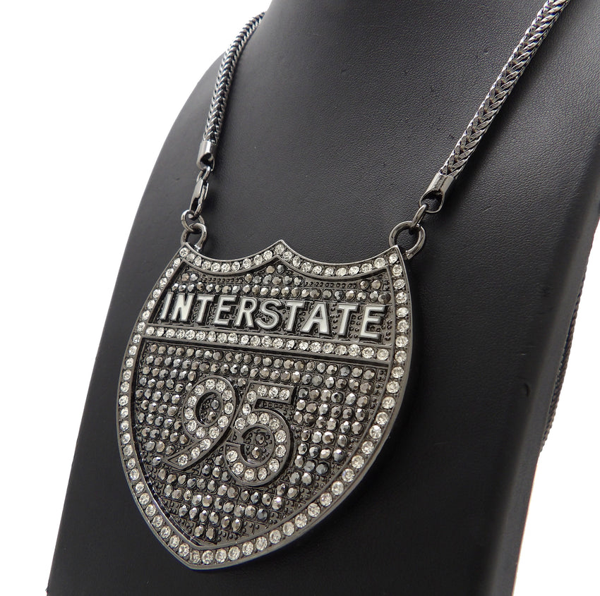 HIP HOP HEMATITE BLACK INTERSTATE 95 PENDANT & 4mm 36" FRANCO CHAIN NECKLACE