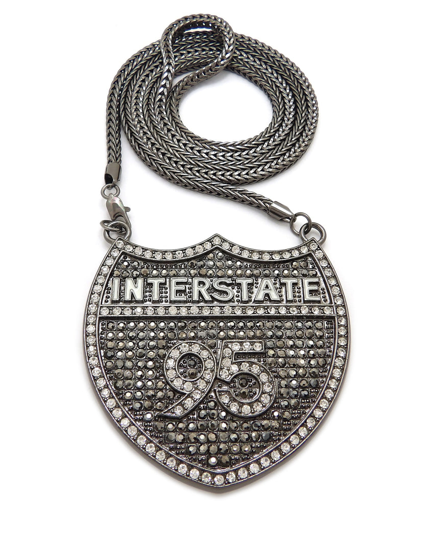 HIP HOP HEMATITE BLACK INTERSTATE 95 PENDANT & 4mm 36" FRANCO CHAIN NECKLACE