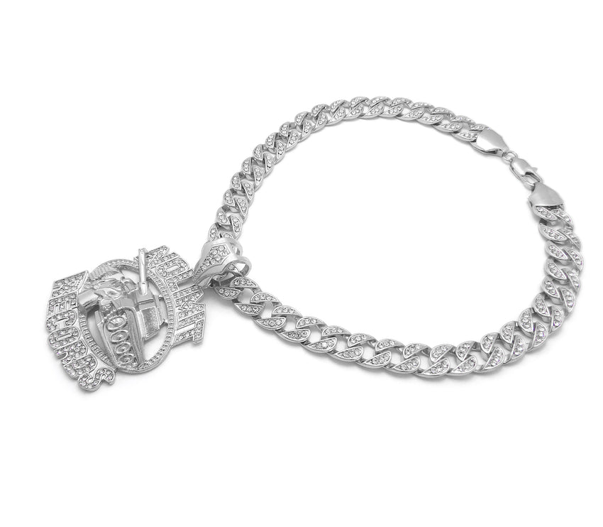 NOLIMIT RECORDS TANK White Gold Plated Pendant & 10mm 18" 20" 24" Iced Cuban Chain Bling Necklace