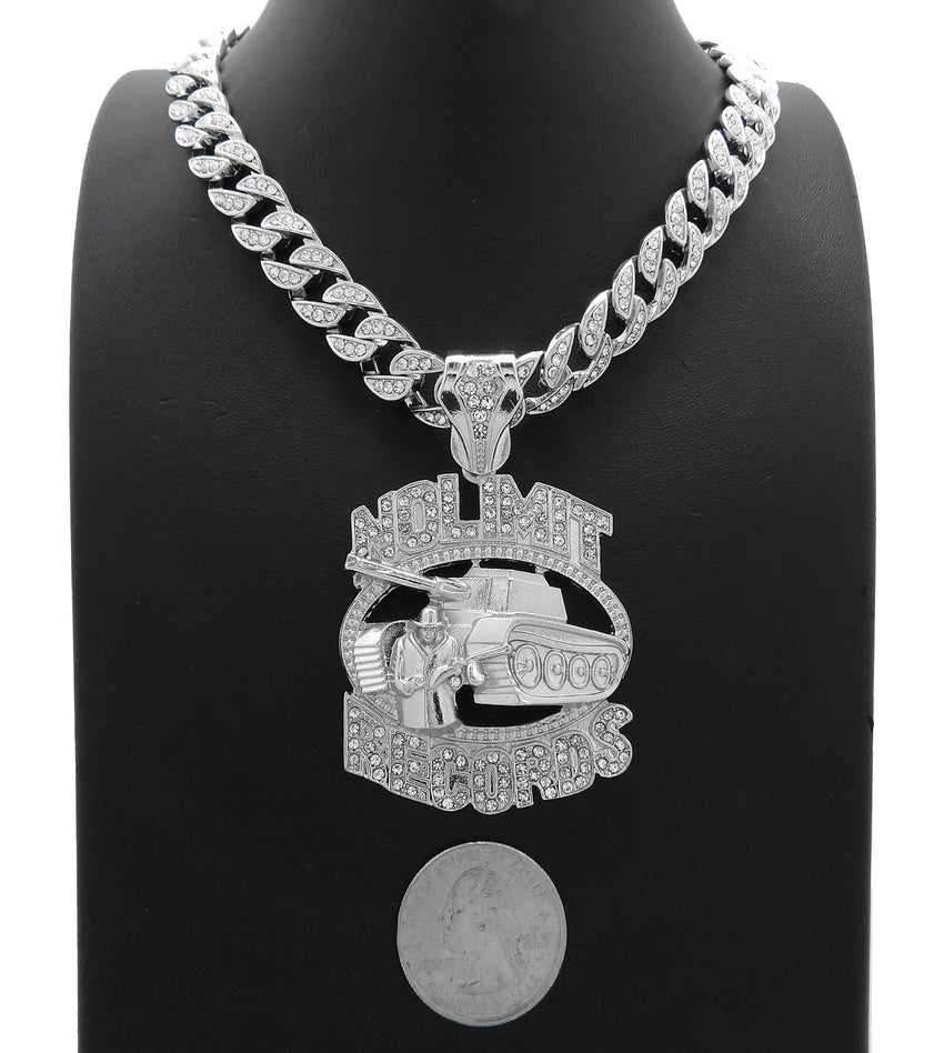 NOLIMIT RECORDS TANK White Gold Plated Pendant & 10mm 18" 20" 24" Iced Cuban Chain Bling Necklace