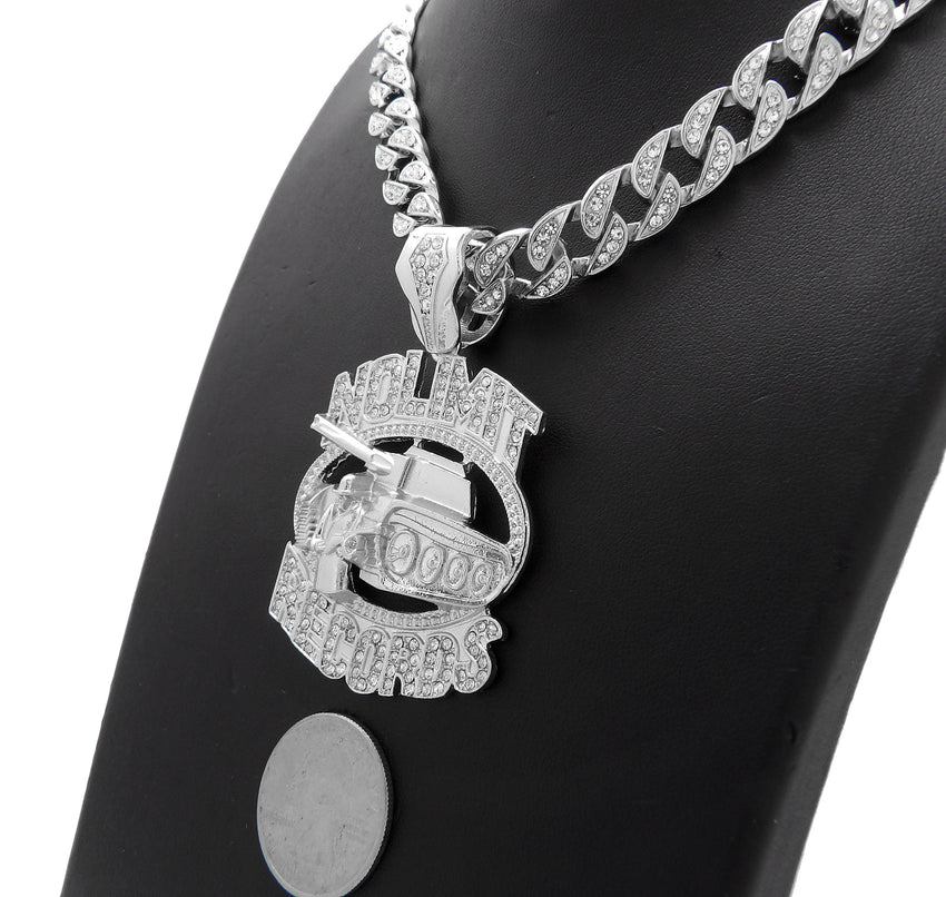 NOLIMIT RECORDS TANK White Gold Plated Pendant & 10mm 18" 20" 24" Iced Cuban Chain Bling Necklace
